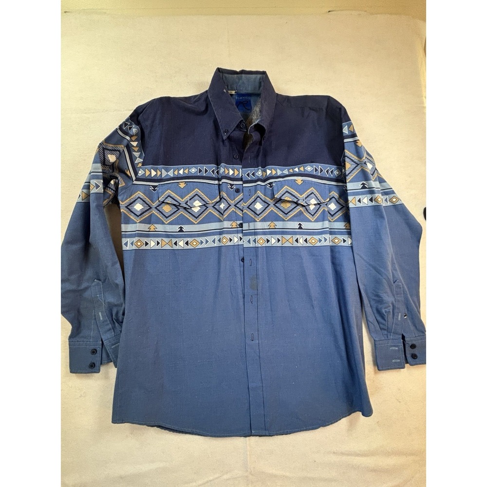 Roper Western L Cowboy Rodeo‎ Blue Pearl Snap Shirt Aztec USA Long Sleeve READ